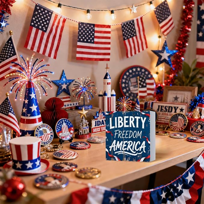 Patriotic Wooden Box Sign,Liberty Freedom America 4th Of July Signs Home Decor,Independence Memorial Day Block Sign for Desk Shelf Tabletop Decor