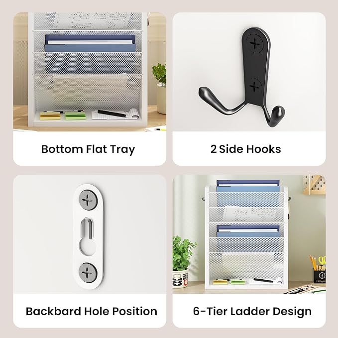 Creso hom Mail Organizer Wall Mounted, Mail Sorter with 2 Key Hooks, 6-Slot File Organizer for Wall or Desk, Wood Letter Holder Envelopes Bills Accessories for Home Office, White