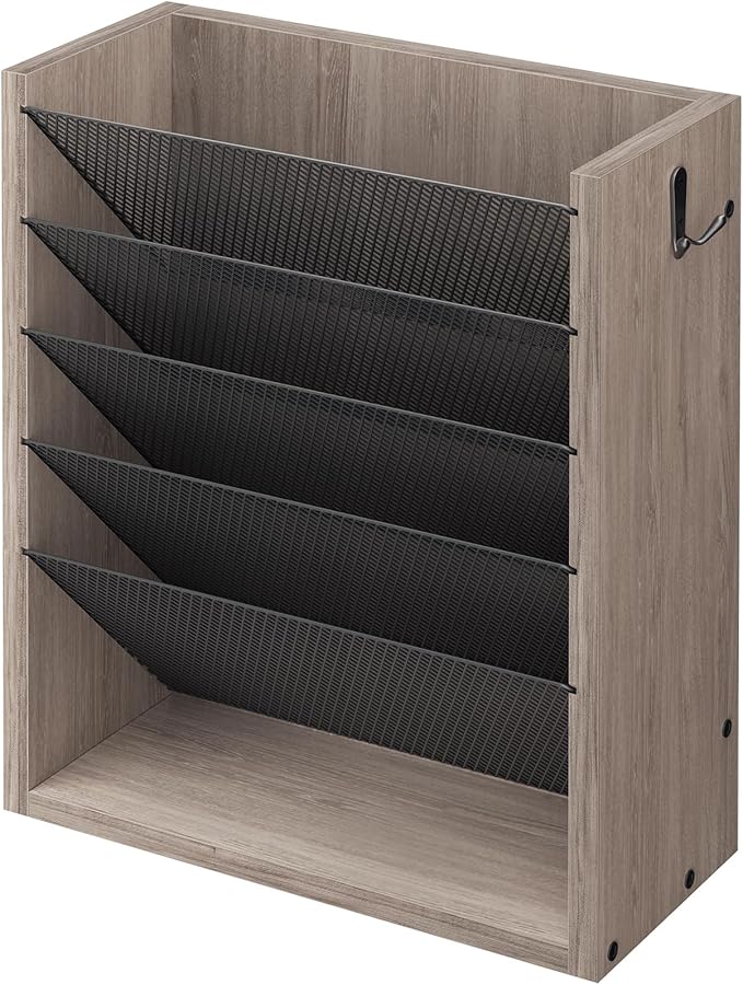 Creso hom Mail Organizer Wall Mounted, Mail Sorter with 2 Key Hooks, 6-Slot File Organizer for Wall or Desk, Wood Letter Holder Envelopes Bills Accessories for Home Office, Greige