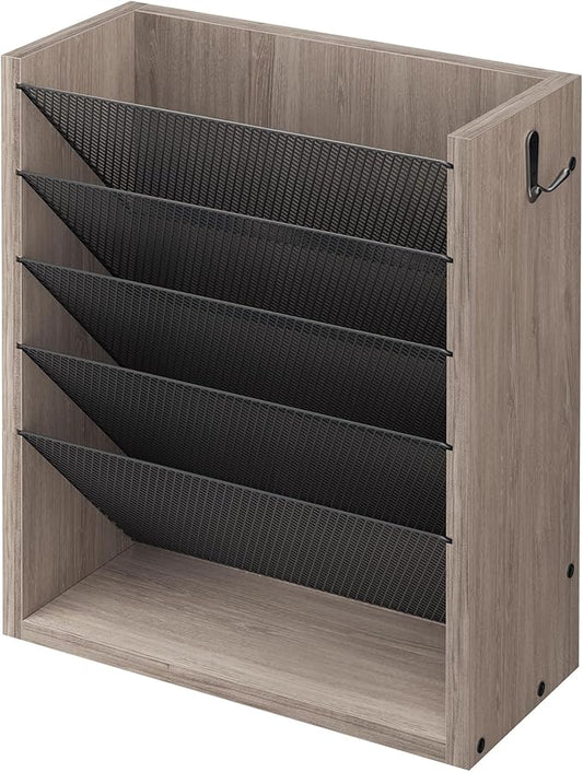 Creso hom Mail Organizer Wall Mounted, Mail Sorter with 2 Key Hooks, 6-Slot File Organizer for Wall or Desk, Wood Letter Holder Envelopes Bills Accessories for Home Office, Greige