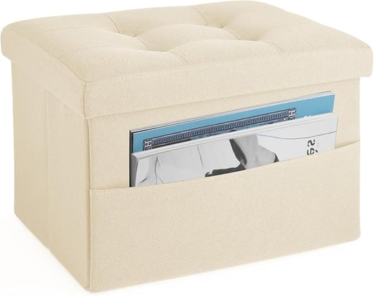 LINMAGCO Storage Ottoman Folding Foot Stool Foot Rest with Side Pocket Modern Ottoman with Storage Short Sofa Stool Linen Cloth 17x13x13(Beige)