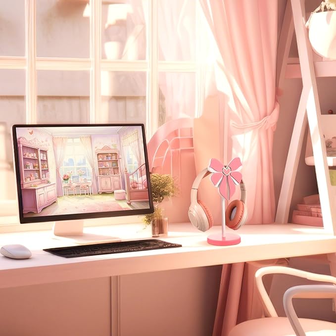 Kingdder Pink Bow Headphone Stand Cute Wood Headphone Stand Adorable Headset Holder Accessories Gamer Gifts for Teenage Women Teacher Girlfriend Office Worker Wife Gamer Room Decor Office Desk