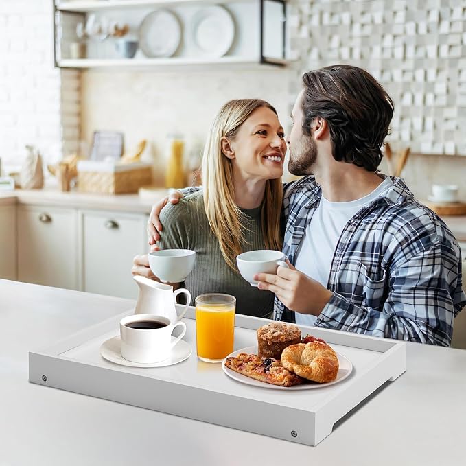 Bamboo Bed Tray Table with Foldable Legs, Breakfast Tray (White) | Laptop Desk with Folding Legs for Bed or Sofa,Food,Dinner, Serving,TV Table,Kitchen,Eating,Working