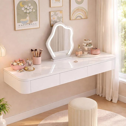 Floating Makeup Vanity Desk With Drawers Wall Mounted Makeup Table With Storage Fully Assembled Floating Vanity Desk Space Saving Modern Dressing Table For Bedroom Closet(White Marble,31.5")