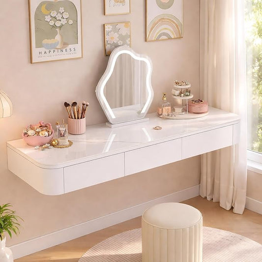Floating Makeup Vanity Desk with Drawers Wall Mounted Makeup Table with Storage Fully Assembled Floating Vanity Desk Space Saving Modern Dressing Table for Bedroom Closet(White Marble,63")