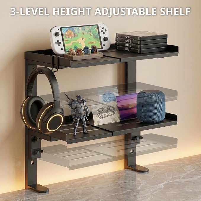 ENCIMART Expandable Clamp on Desk Shelf, 2 Tier Adjustable Desktop Shelves Organizer, Above or Under Heavy Duty Desk Storage with Headphone Holder for Working and Gaming Desk Accessories (Black)