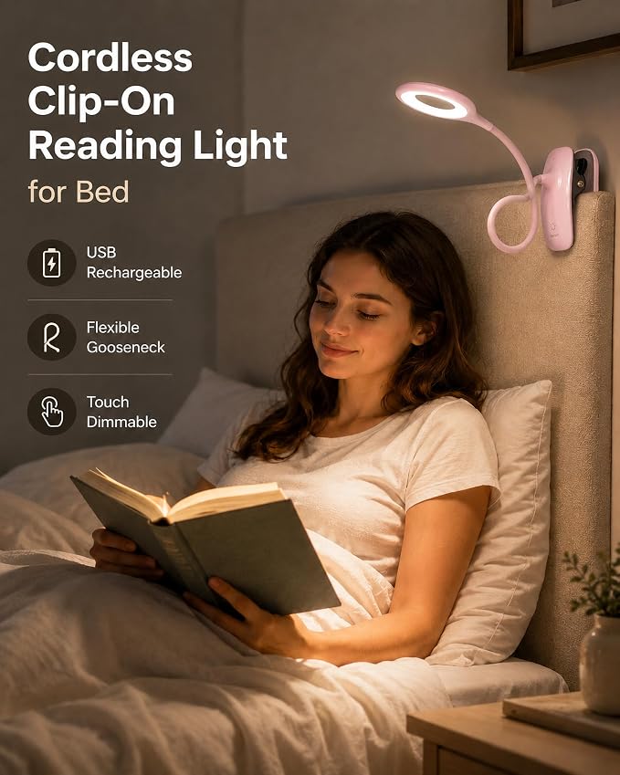 Clip On Reading Light for Bed Headboard, USB Rechargeable Cordless Clamp Lamp for Dorm Room Essentials, Touch Dim, 3 Colors, Eye Protect LED Desk Lamp for College Dorm Room, Gooseneck, Pink
