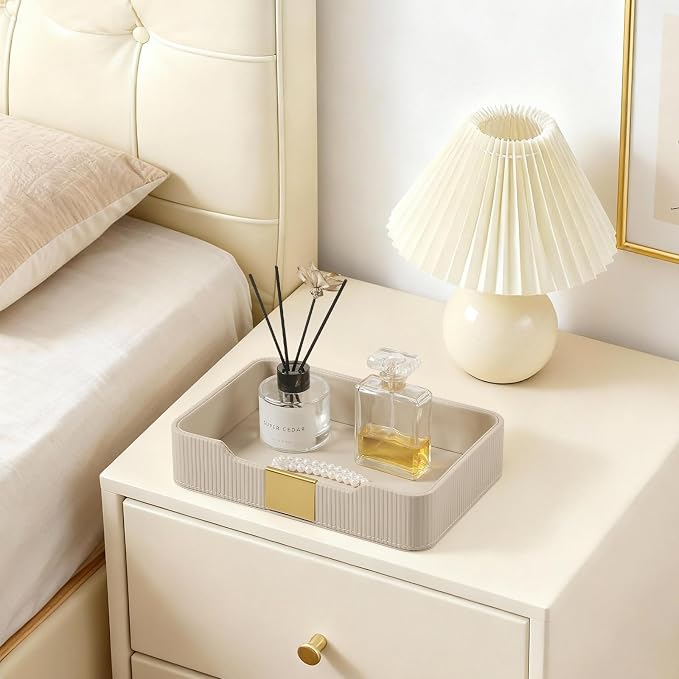 Valet Tray Desktop Storage Organizer, PU Leather Catchall Bedside Vanity Tray with Brass Accents Block Nightstand Organizer for Keys Watch Wallet Phone, Decorative Nightstand Storage (Beige)