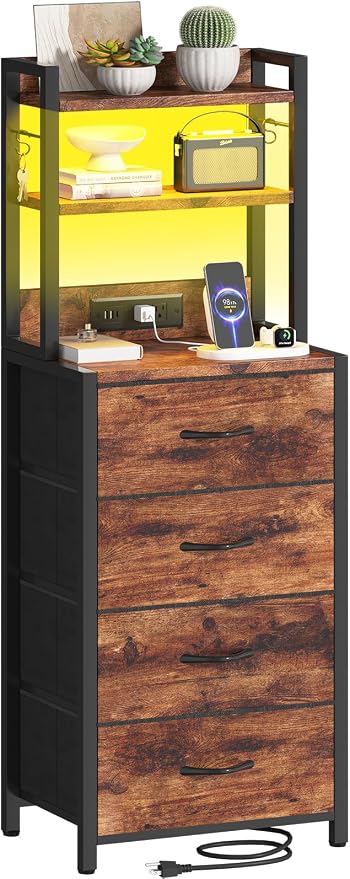 Tall Nightstand with LED Light, LED Night Stand with Charging Station and USB Type C Port, Bedside Table with 4 Fabric Drawers for Bedroom, Dorm, Office (Brown)