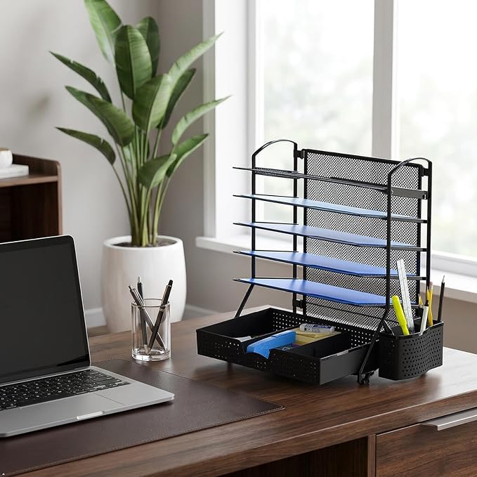 Simple Houseware 6-Tier Desk Document File Tray Organizer with Supplies Sliding Drawer, Black