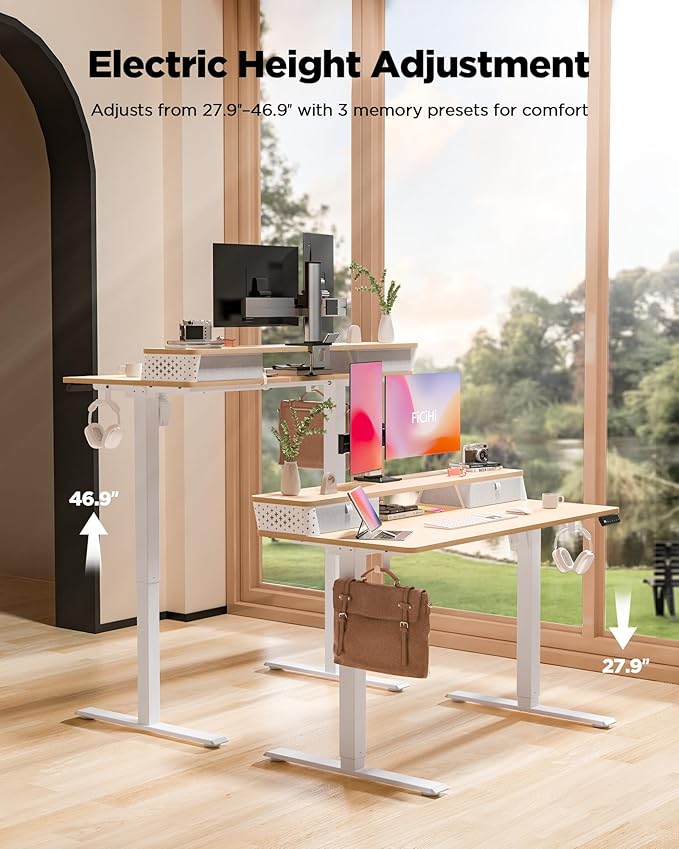 FiCiHi 40x24 Inch Standing Desk with Drawers, C-Clamp Mount Compatible, Electric Adjustable Height Computer Small Stand Up Desks, Home Office Sit Stand Table with 3 Preset Heights, Maple