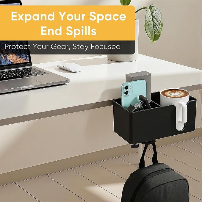 4-in-1 Clip On Desk Cup Holder, Fits up to 40oz cups - Mountable Holder with Adjustable Divider & 360° Rotating Hook - No Spill Clamp On Drink Holder Attachment - for Desk Chair Table Bed Tray - Black