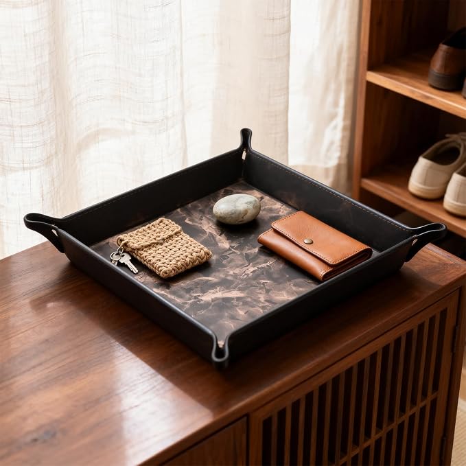 Valet Tray Desktop Storage Organizer – Vegan Leather Catchall Bedside Vanity Tray Nightstand Caddy Holder for Remote Controller, Watch, Keys, Phone, Wallet, Coin, Jewelry, Marble Brown