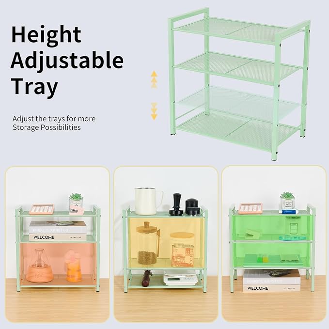 Desktop Shelf Organizer, 3-Tier Desk Organizer, Adjustable Metal Bookshelf for Top of Desk, Office Storage Rack for Office, Home, Dorm and Small Spaces (Mint Green)