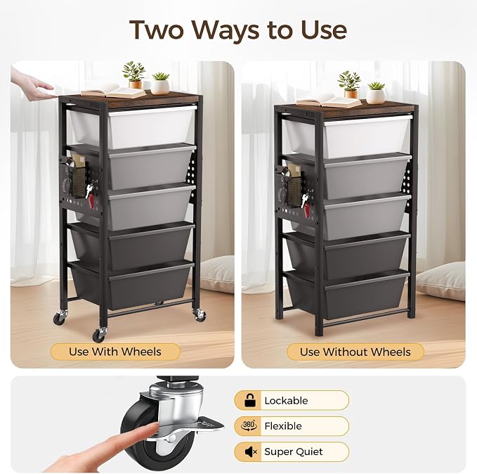 Rolling Cart with 5 Drawers, Plastic Drawer Storage Carts with Wheels & Wooden Tabletop, Metal Utility Cart with Pegboards, Office Living Room Classroom Craft Organization and Storage, Dark Grey