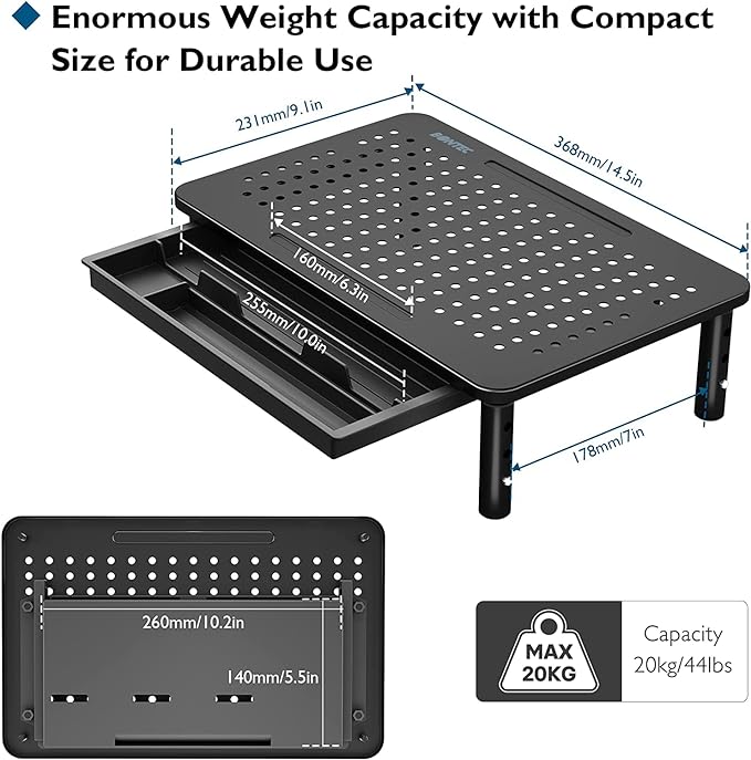 BONTEC 2 Pack Adjustable Monitor Stand Riser with Drawer, Ergonomic Mesh Platform Computer Monitor Stand for Desk, Ventilated Laptop and PC Stand with Cable Management, Supports up to 44lbs