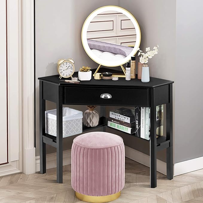 GOFLAME Computer Corner Desk, Wood Compact Home Office Writing Workstation with Drawer and Shelves, Laptop PC Corner Table for Small Space Home Office, Black