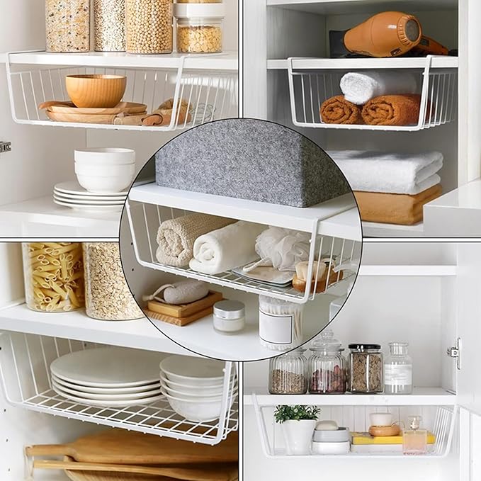 Tebery 4 Pack White Under Shelf Wire Basket Hanging Storage Baskets, Under Cabinet Add-on Storage Racks Slide-in Baskets Organizer for Kitchen Pantry Desk Bookshelf