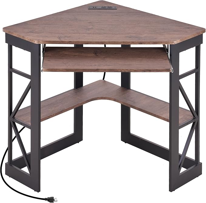 VECELO Corner Desk, Triangle Computer Desk for Small Space with Charging Station and Keyboard Tray, Corner Makeup Table with Storage Shelves for Home Office Bedroom, 41x30, Rustic Brown
