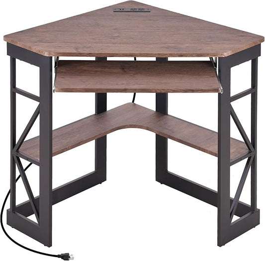 VECELO Corner Desk, Triangle Computer Desk for Small Space with Charging Station and Keyboard Tray, Corner Makeup Table with Storage Shelves for Home Office Bedroom, 41x30, Rustic Brown