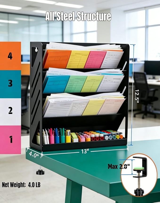 Yuxh 13 Inch 4 Tier Clamp on Desk Shelf Metal File Mail Bill Organizer | Drill-free mounting holder for workspace storage, stable metal rack for office paperwork organization