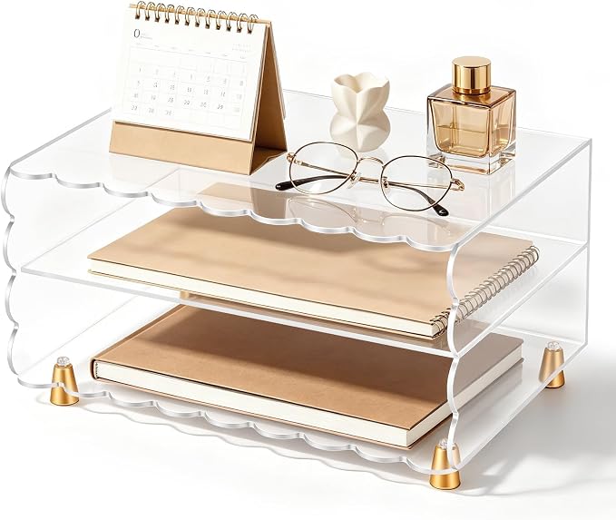 2+1 Tier Paper Letter Tray,Acrylic Desk Organizer with Scalloped Edge& Gold Metal Feet,Top Display Design,Space Saving Clear Organizer for Women, A4 File, Letter, Books,Notes,Home & Office