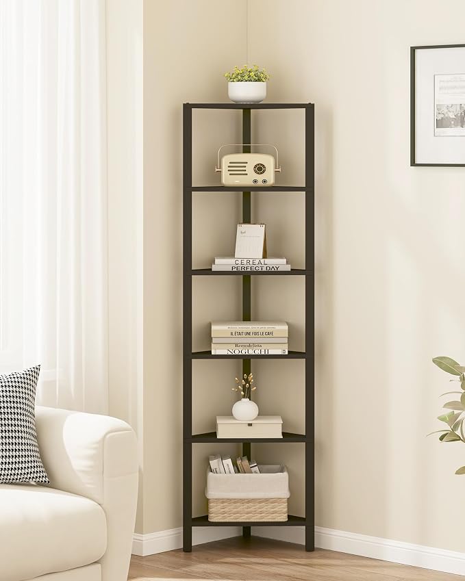 TUTOTAK Corner Shelf, 6-Tier Corner Bookshelf for Small Space, Narrow Display Corner Shelf Stand with Storage Rack, for Living Room, Bedroom, Black BS05BK006