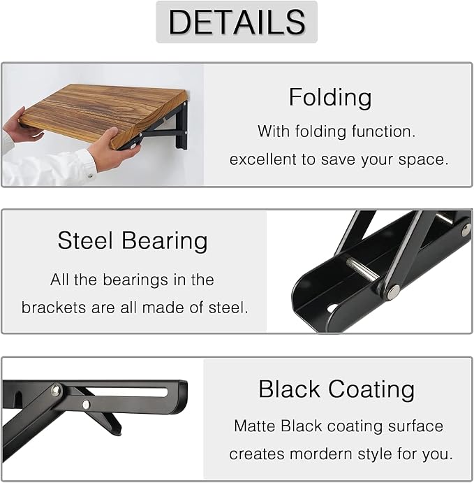 Folding Shelf Brackets - 16 Inch 6 Packs Heavy Duty Metal Collapsible Shelf Bracket, DIY Wall Mounted Foldable Shelf Bracket, Space Saving for Bench Table
