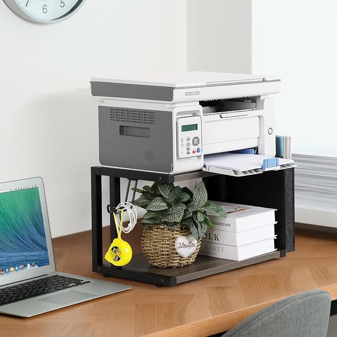 BTY Printer Stand Under Desk Printer Table with Storage Small Printer Cart with Wheels 2 Tier Desktop Printer Stands for Home Office Fax Machine Scanner Files (Grey)