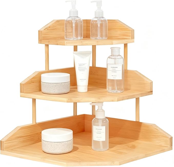 Bamboo Corner Desk Organizer Shelf, 3-Tier Triangle Storage Rack for Office & Home, Space-Saving Desktop Shelf for Books, Stationery, Makeup, Small Items