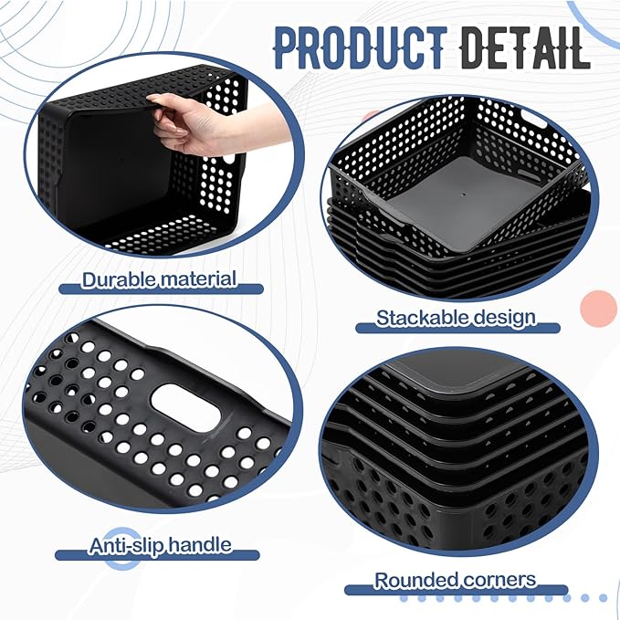 Geetery 6 Pack Classroom Storage Baskets with Handle 14''x10'' Paper Tray Holds A4 Turn in Trays Plastic Paper Baskets Desk Organizer Bin for Classroom, Library, Office, Home (Black)