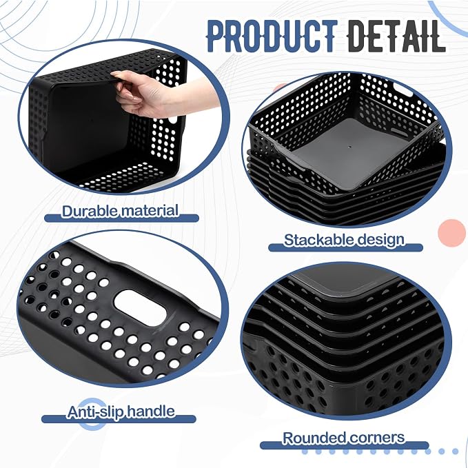 Geetery 12 Pack Classroom Storage Baskets with Handle 14''x10'' Paper Tray Holds A4 Turn in Trays Plastic Paper Baskets Desk Organizer Bin for Classroom, Library, Office, Home (Black)