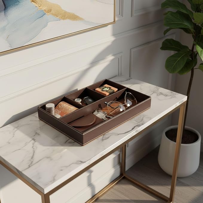 Leather Valet Tray Organizer, Stackable Nightstand & Dresser Storage Tray, Entryway Desk Catchall Tray for Keys Wallet Watch Phone, Bedside Desktop PU Leather Drawer Caddy Tray - Brown