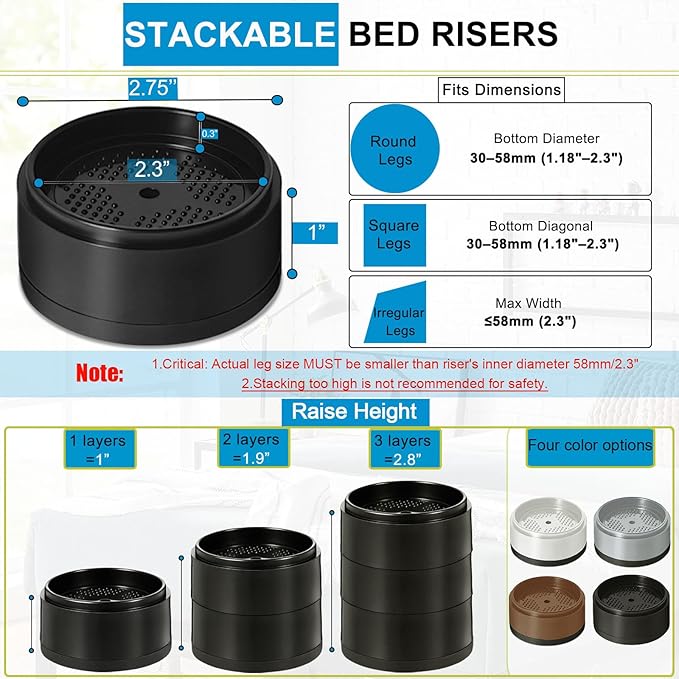 Bed Risers 1 inch, 2 inch, 3 inch, 4 inch Heavy Duty, Adjustable Furniture Riser for Table Desk Couch Sofa Chair Refrigerator Washing Machine, Stackable Bed Raisers Blocks (Black 20 Pack, 1 inch)
