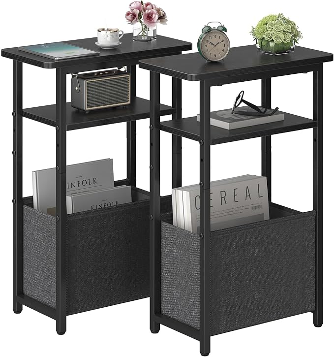 sthmec Narrow Side Table Set of 2, Skinny End Tables with Fabric Basket, Small Side Tables for Small Space,2-Tier Open Shelves with Basket, Slim Nightstands Set 2 for Bedroom,Livinroom,Office, Black