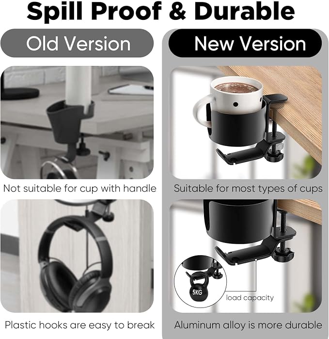 OOKUU 2 in 1 Desk Cup Holder with Headphone Hanger, Anti-Spill Cup Holder for Desk or Table, Easy to Install, Sturdy and Durable, Enough to Hold Coffee Mups, Water Bottles, Headphones (Pack of 2)