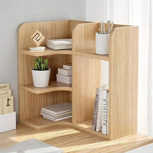 3-Tier Corner Desktop Organizer Shelf, Wooden Desktop Bookshelf with Drawers, Multifunctional Desk Hutch Dorm, Desk Display Rack, Cube Storage Organizer Bookcase(Wood A-r,19.6x11.8x19.6'')