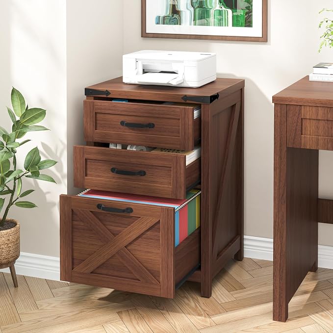 Halitaa 3 Drawer Small File Cabinet, Farmhouse Vertical Filing Cabinet Fits Letter and A4 Size, Under Desk Wooden File Cabinets for Home Office, Printer Stand, Walnut