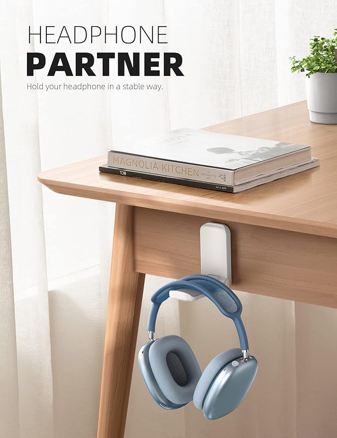 Lamicall Headphone Stand, Sticky Headset Hanger - 2 Pack Adhesive Headphone Holder Hook Mount, Headset Holder Clip Under Desk, Earphone Clamp for Airpods Max, HyperX, Sennheiser, White
