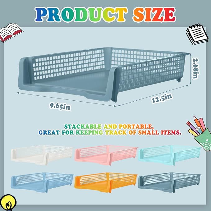 Weysat 12 Pcs Turn in Trays Classroom, Stackable Paper Tray for Classroom Organization Plastic Desk File Organizer Bin Basket for Library Drawer Teacher Office Document Storage (Pastel,Narrow)