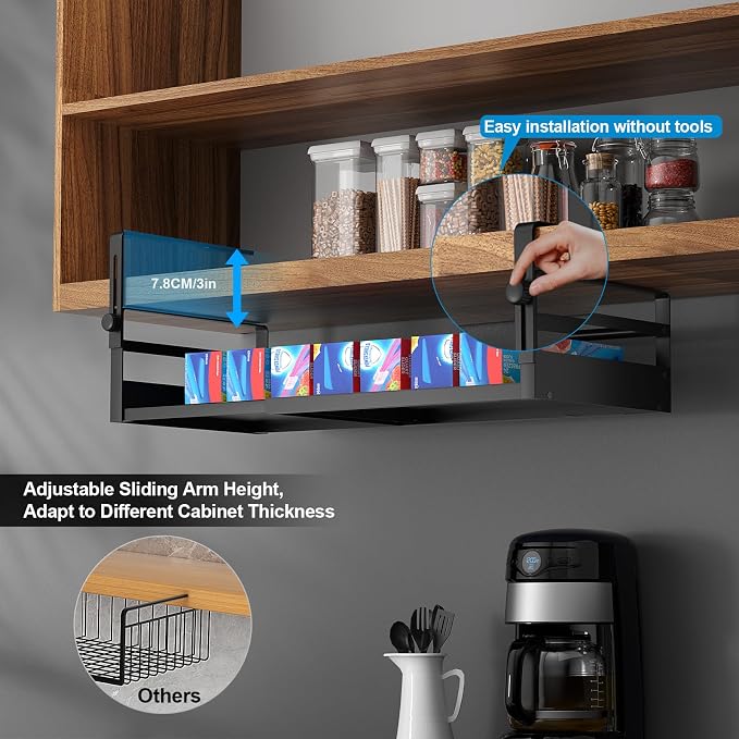 AmonHouseware 2Pack Under Shelf Basket Organizer, Adjustable Under Cabinet Shelf Storage, Hanging Holder Length Stretchable 13-21Inch for Kitchen Pantry Desk Counter Bookshelf Cupboard (Black)