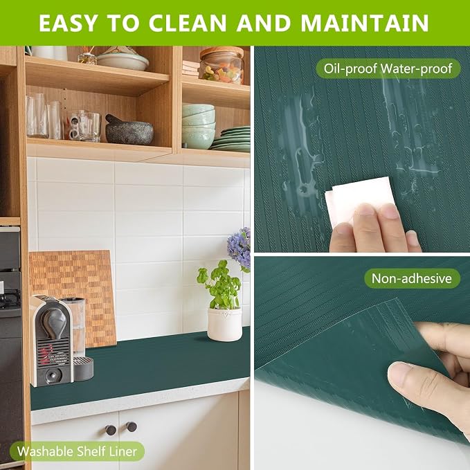 Shelf Liners 17.5 x 236.2 inches Non Adhesive Kitchen Drawer Cabinet Liner, Waterproof Durable Liners for Shelves Refrigerator Pantry Cupboard Protector Mat, Green