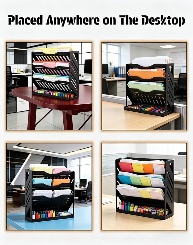 Yuxh 13 Inch 4 Tier Clamp on Desk Shelf Metal File Mail Bill Organizer | Drill-free mounting holder for workspace storage, stable metal rack for office paperwork organization