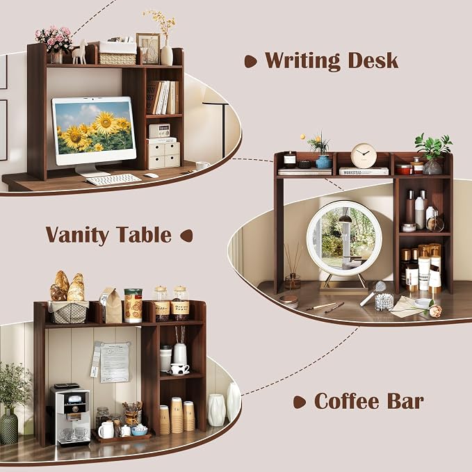 MAT EXPERT Desk Organizer, Wooden Desktop Shelf for 27 Inch Monitor with 5 Shelves & Non-Slip Foot Pads, Anti-Tipping Device, Multipurpose Desk Hutch for Study, Office, Dorm (Walnut)