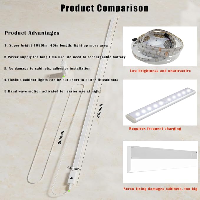 Under Cabinet Light with Hand Wave 40 inch 1090lm,2-Pack Under Cabinet Lighting Plug in,3 Colors Undercabinet Lights for Kitchen,Stick on LED Under Counter Lights for Cabinet,Desk,Shelf