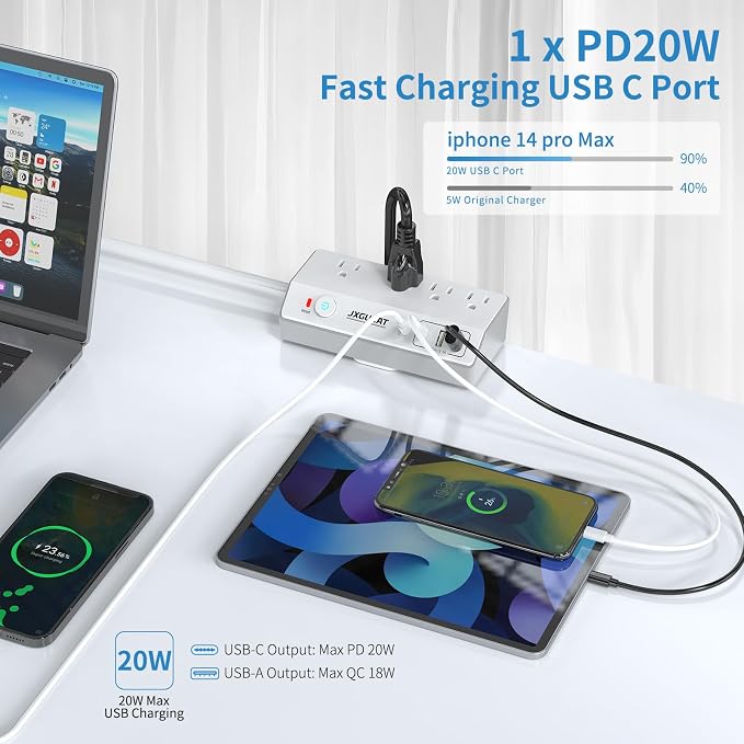 Desk Clamp Power Strip 10FT with PD 20W Fast Charging USB C, JXGUCAT Desk Mount Power Strip Surge Protector, Removable Extension Cord with 4 Outlets 4 USB Ports, Fit 1.8" Tabletop Edge, White