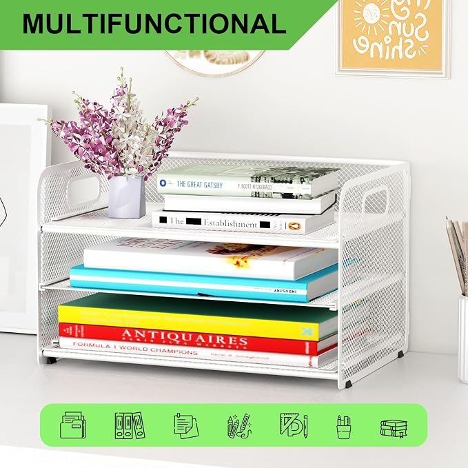3 Tier Letter Tray Paper Organizer with Handle, Mesh Desk Organizer Paper Sorter File Rack Shelves, White