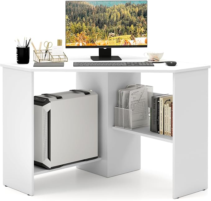 Small Corner Desk, 90 Degree Triangle Computer Workstation with Storage Shelves & CPU Stand, White Corner Vanity for Bedroom, Wooden Table for Small Spaces