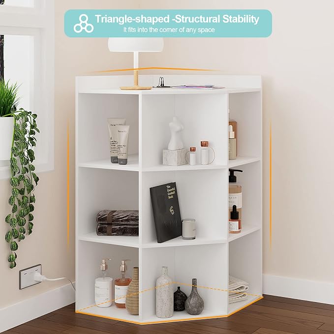 HedoAjim Corner Cabinet, Corner Storage Shelf with USB Ports and Outlets Industrial Organizer for Small Space Wooden 9-Cubby Bookshelf for Study, Playroom, Living Room (White)