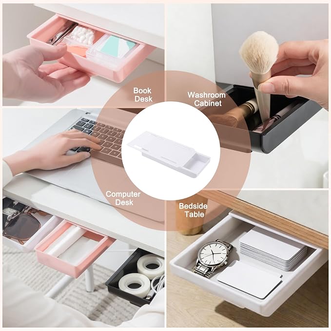 PATIKIL 2 Pack Under Desk Drawer Slide Out, 8.66 x 4.3" Plastic Table Storage Drawers Slide Out Storage Box for Laptop Study Desks Dining Dressing Tables Wardrobes Cabinets, White